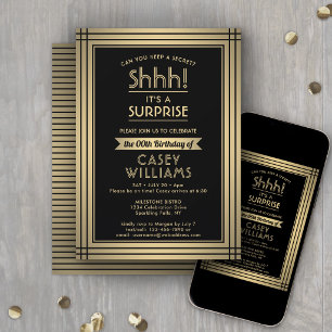Birthday Surprise Party Shhh! Elegant Black & Gold Invitation