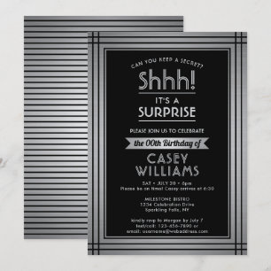 Birthday Surprise Party Shhh! Elegant Black & Gray Invitation