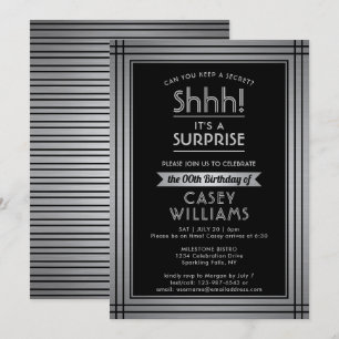 Birthday Surprise Party Shhh! Elegant Black & Gray Invitation