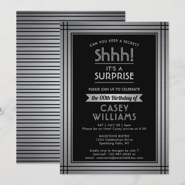 Birthday Surprise Party Shhh! Elegant Black & Gray Invitation (Front/Back)