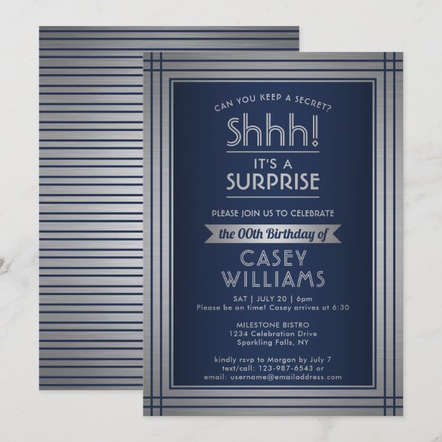 Birthday Surprise Party Shhh! Elegant Navy Blue Invitation (Front/Back)