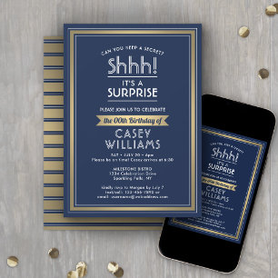 Birthday Surprise Party Shhh! Navy Blue and Gold Invitation