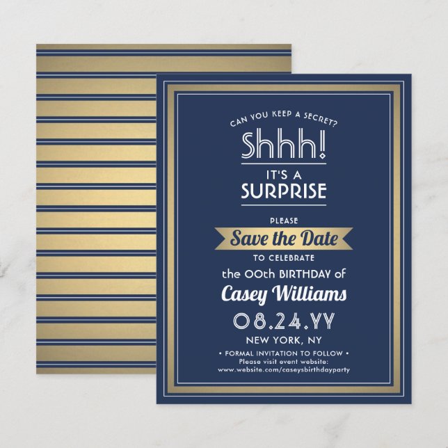 Birthday Surprise Party Shhh! Navy Blue and Gold Save The Date (Front/Back)