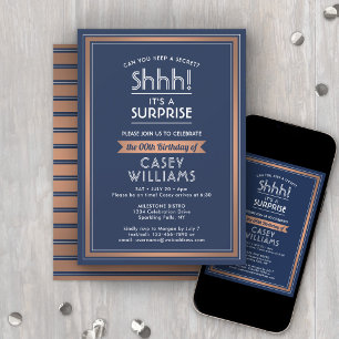 Birthday Surprise Party Shhh! Navy Blue & Copper Invitation