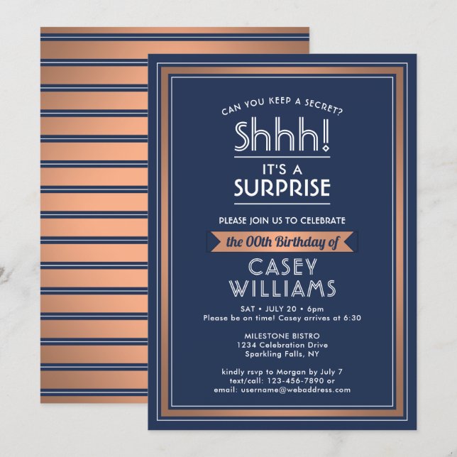 Birthday Surprise Party Shhh! Navy Blue & Copper Invitation (Front/Back)