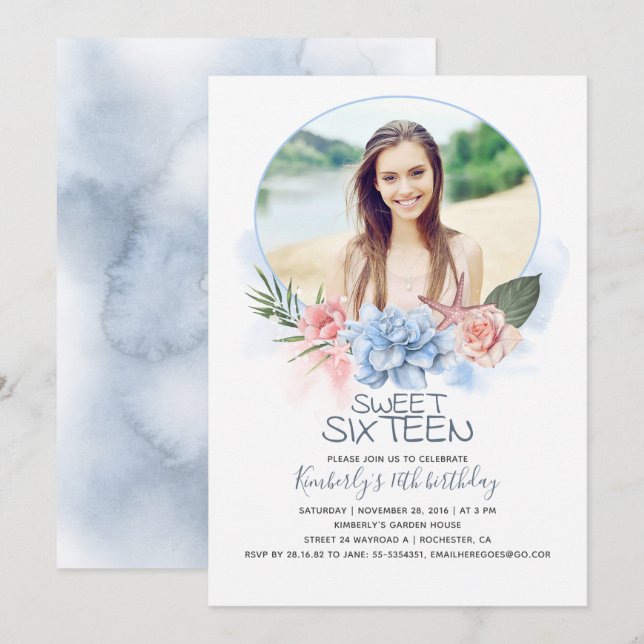 Birthday Sweet 16 | Beach 16 Birthday Photo Invitation (Front/Back)