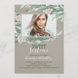 Birthday Sweet 16 Greenery Birthday Photo Invitation