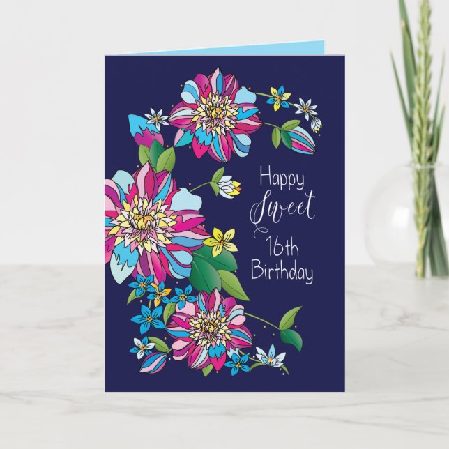 Birthday, Sweet 16th, Bright & Colorful Flowers Card (Front)