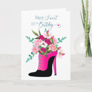 Birthday Sweet 16th Flowers in High Heel Shoe Car Card