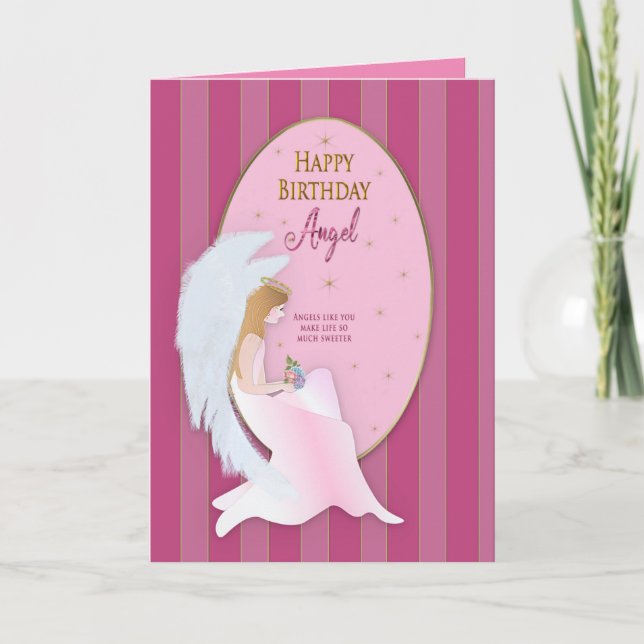 Birthday Sweet Angel Sitting Inside Oval Frame Card (Front)