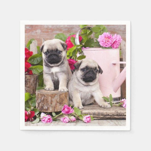 Birthday Sweet Baby Pugs Floral Party Napkins