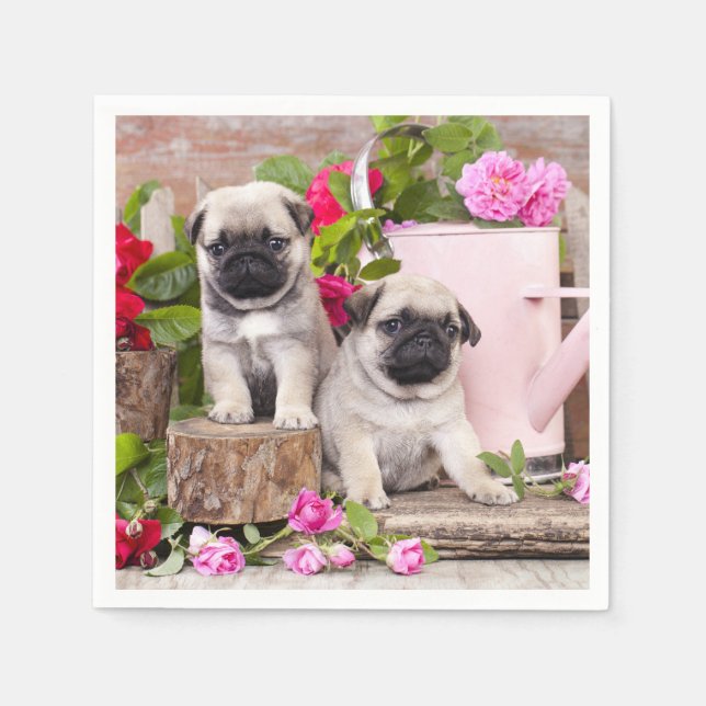 Birthday Sweet Baby Pugs Floral Party Napkins (Front)