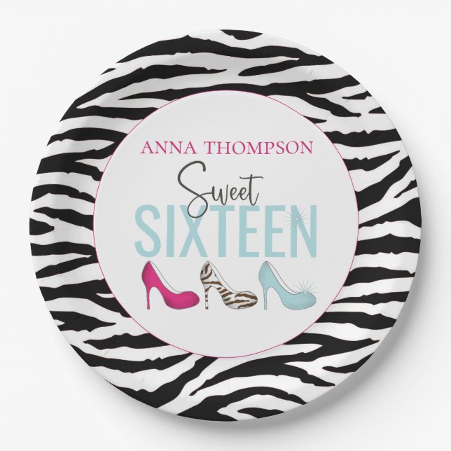 Birthday Sweet Sixteen Cute Girl Colorful Shoes Paper Plates (Front)