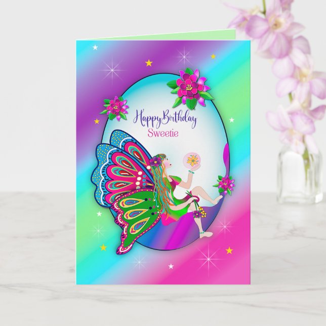 Birthday Sweetie Magical Colorful Butterfly Fairy Card (Orchid)