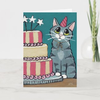 Birthday Tabby Cat and Cake painting Greeting Card
