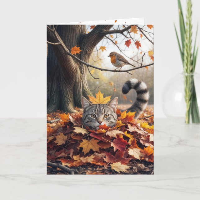 Birthday Tabby Cat In an Autumn Leaf Pile Card (Front)