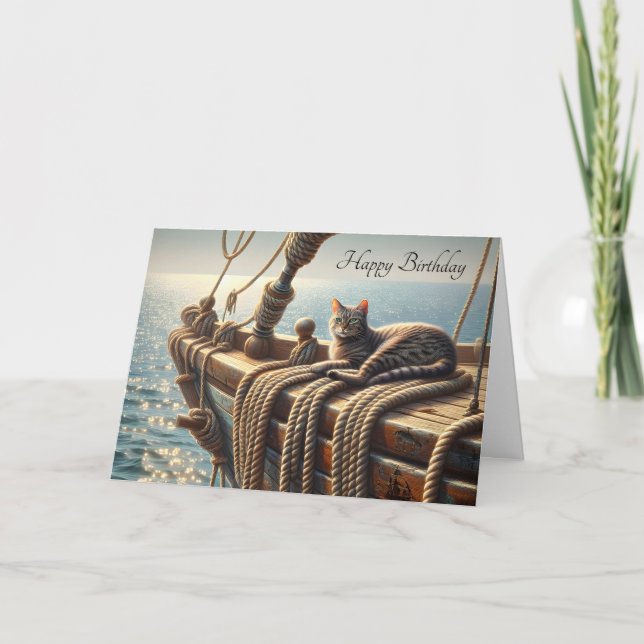 Birthday Tabby Cat On Nautical Ropes Card (Front)