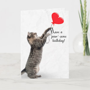 Birthday Tabby Cat with Heart Balloon Card