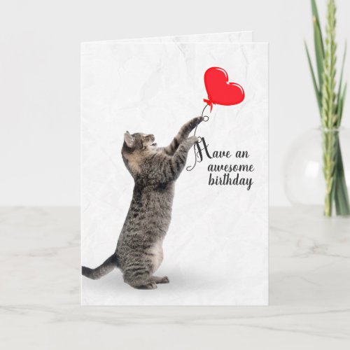 Birthday tabby cat with heart balloon card