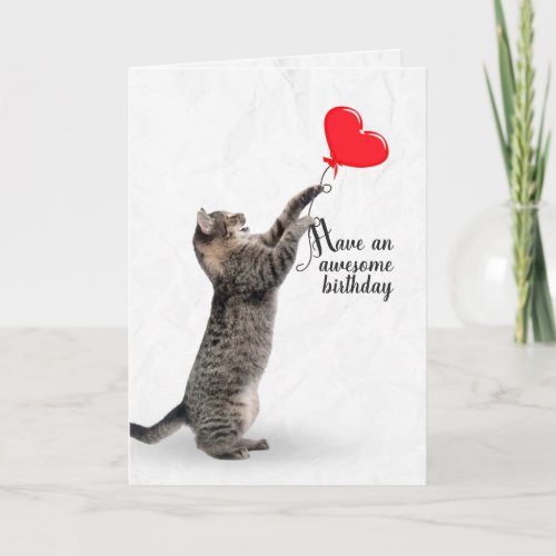 Birthday tabby cat with heart balloon card