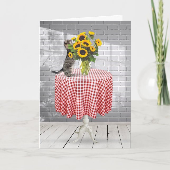 Birthday Tabby Cat With Sunflower Bouquet Card (Front)