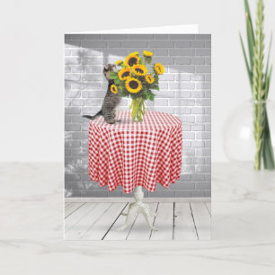 Birthday Tabby Cat With Sunflower Bouquet Card