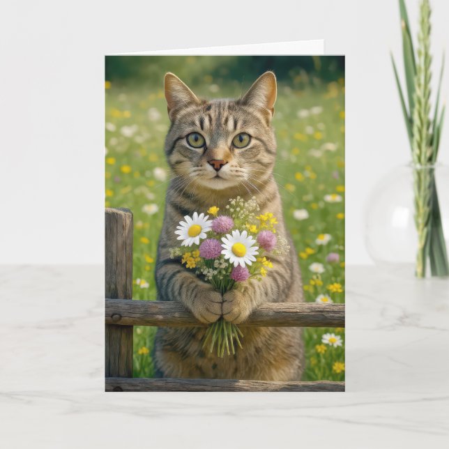 Birthday Tabby Cat With Wildflower Bouquet Card (Front)