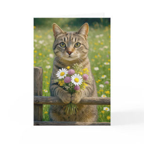 Birthday Tabby Cat With Wildflower Bouquet Card
