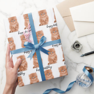 Birthday Tabby Kitten On White     Wrapping Paper