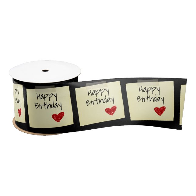 Birthday Taped Pos-It Note With Red Doodle Heart Satin Ribbon (Spool)