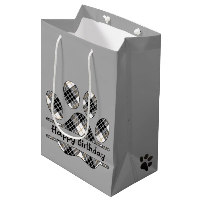 Birthday Tartan Plaid Paw Print On Gray Medium Gift Bag (Front Angled)