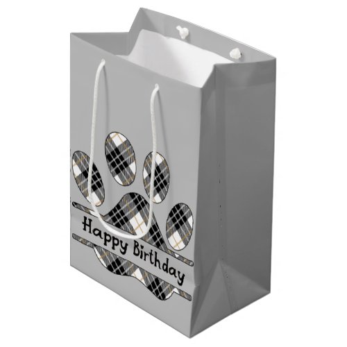 Birthday Tartan Plaid Paw Print On Gray Medium Gift Bag