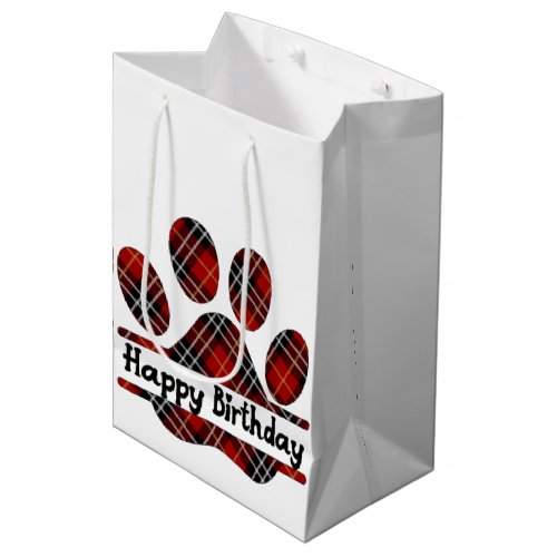 Birthday Tartan Plaid Paw Print On White  Medium Gift Bag