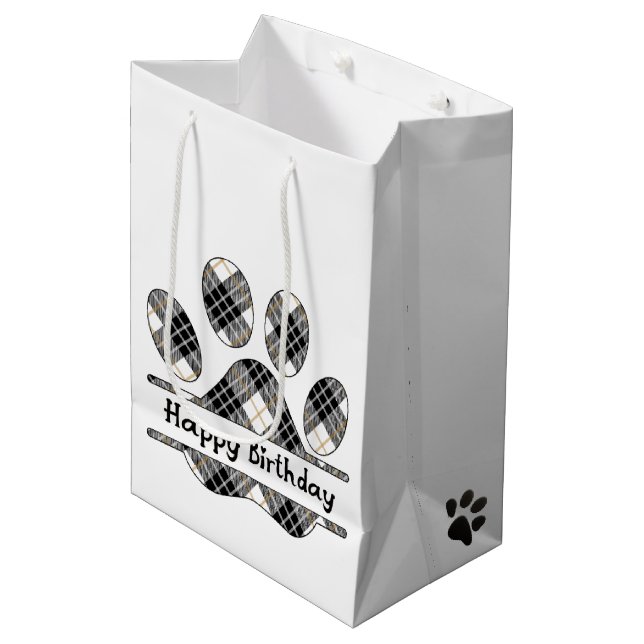 Birthday Tartan Plaid Paw Print On White Medium Gift Bag (Front Angled)
