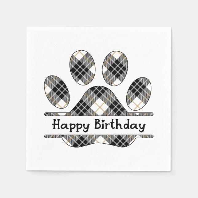 Birthday Tartan Plaid Paw Print On White Napkins (Front)