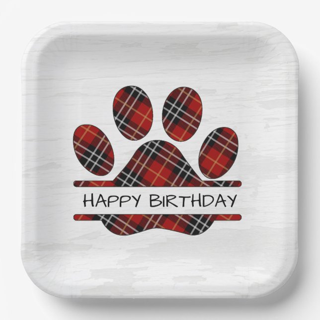 Birthday Tartan Plaid Paw Print Paper Plates (Front)