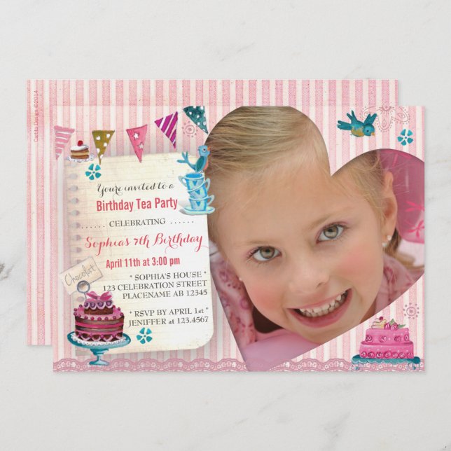 Birthday Tea Girl Heart | Photo Party Invitation (Front/Back)