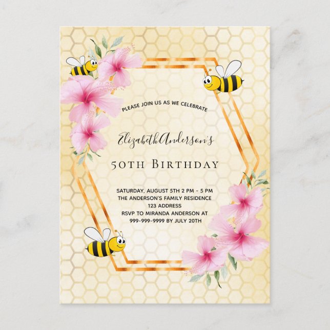 Birthday tea party 50 honeycomb bumble bees postcard (Front)