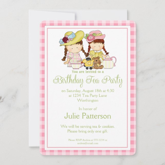 Birthday Tea Party Invitation Little Girls Pink 2 (Front)