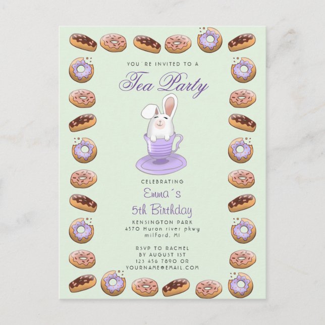 birthday tea party invite bunny and donuts (Front)