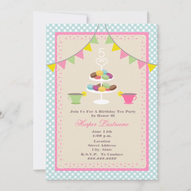 Birthday Tea Party + Macarons Invitation - Blue (Front)