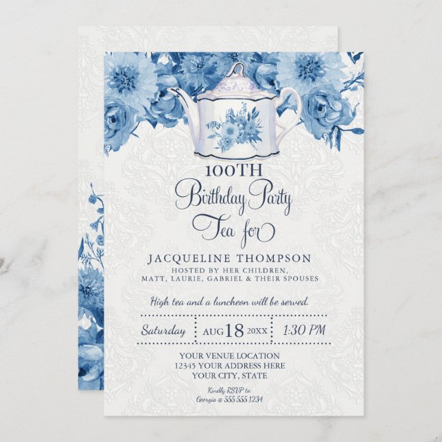 Birthday Tea Party Navy Blue White Floral Invitation (Front/Back)