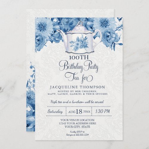 Birthday Tea Party Navy Blue White Floral Invitation