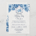 Birthday Tea Party Navy Blue White Floral Invitation<br><div class="desc">100th Birthdayl Tea Party Invitation (year can be customized) suite for a vintage English, navy blue and white classic English Chintz floral design. Beautifully hand lettered calligraphy font text with swashes and all text in navy blue (message us, we will make any title wording you need in this font). Copyright,...</div>