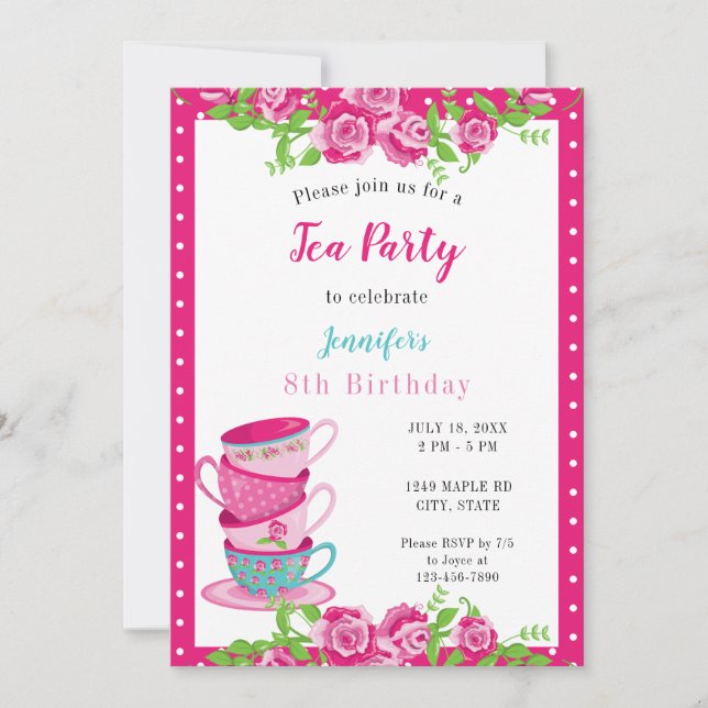 Birthday Tea Party Pink Floral Cups Cute Whimsical Invitation (Front)