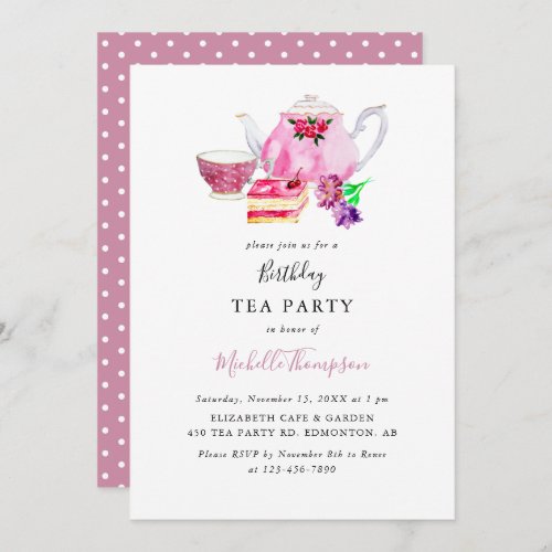 Birthday Tea Party Pink Teapot Script Watercolor  Invitation