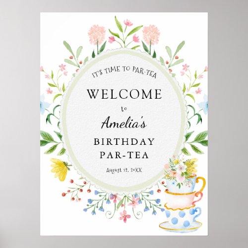 Birthday Tea Party Whimsical Wildflower Welcome Poster