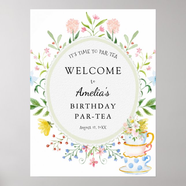 Birthday Tea Party Whimsical Wildflower Welcome Poster (Front)