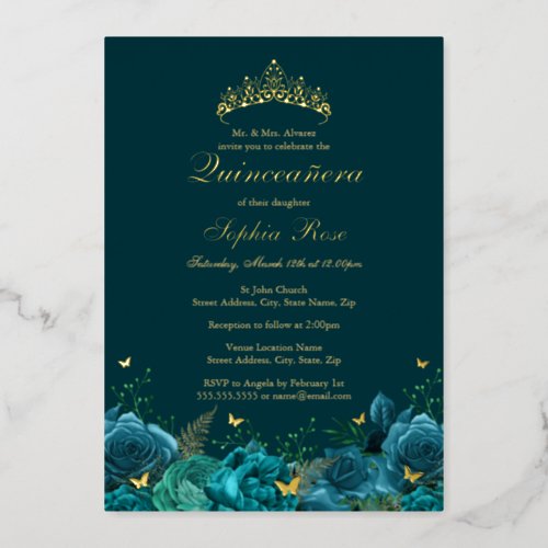 Birthday Teal Blue Floral Butterfly Quinceanera Foil Invitation