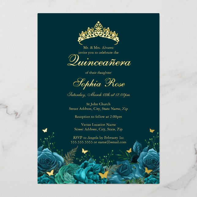 Birthday Teal Blue Floral Butterfly Quinceanera Foil Invitation (Front)